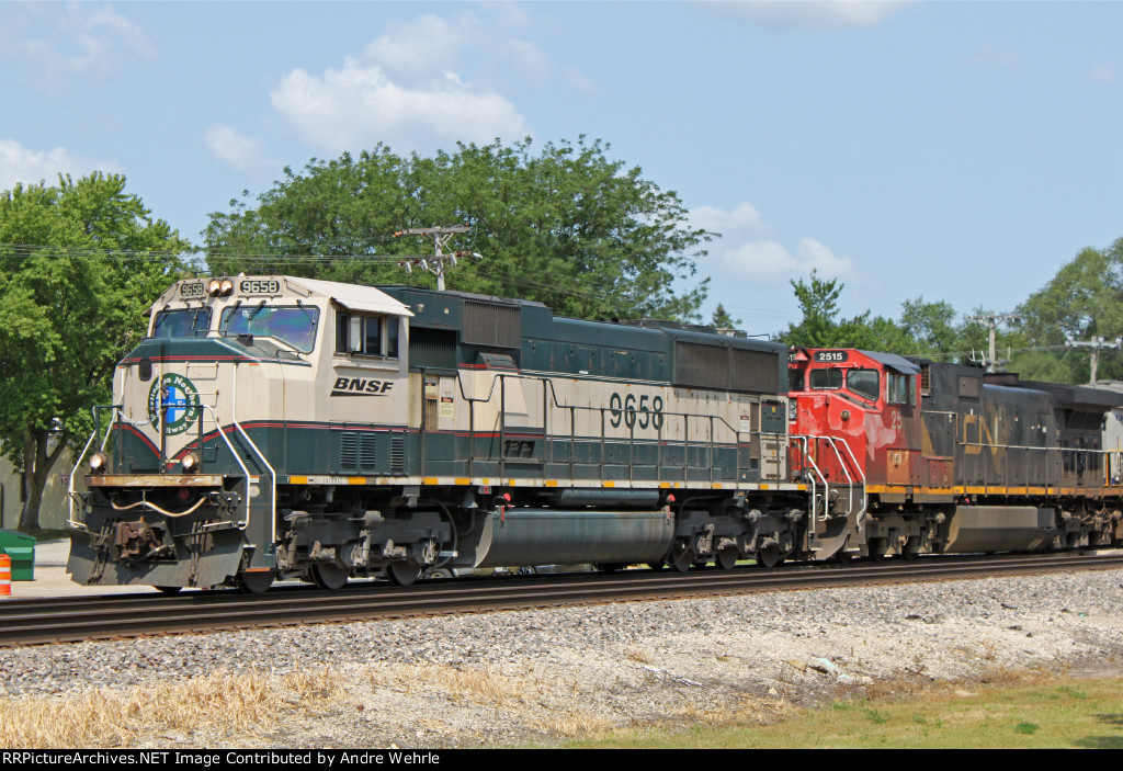 BNSF 9658 leads another colorful lashup on an eastboud oil train